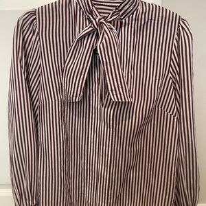 Maeve Burgundy and White Striped Blouse with Bow-Tie